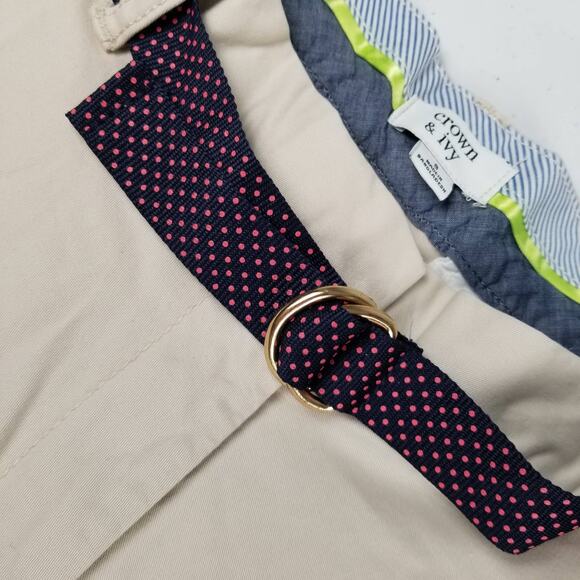 Crown & Ivy Classic Khaki Shorts Web Blue Pink Dot Belt NEW Size 8 - Picture 2 of 5